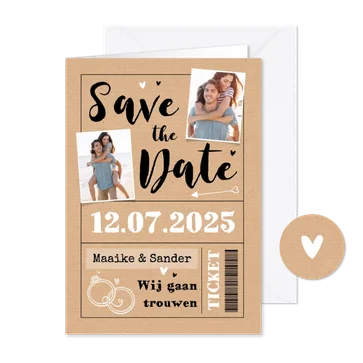  Save the date ticket trouwkaart uitnodiging foto kraft